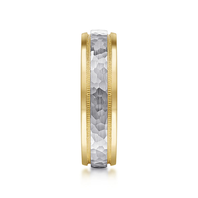 Archie - 14K White-Yellow Gold 6mm - Two Tone Hammered Men's Wedding Band with Milgrain Edge - Shot 4