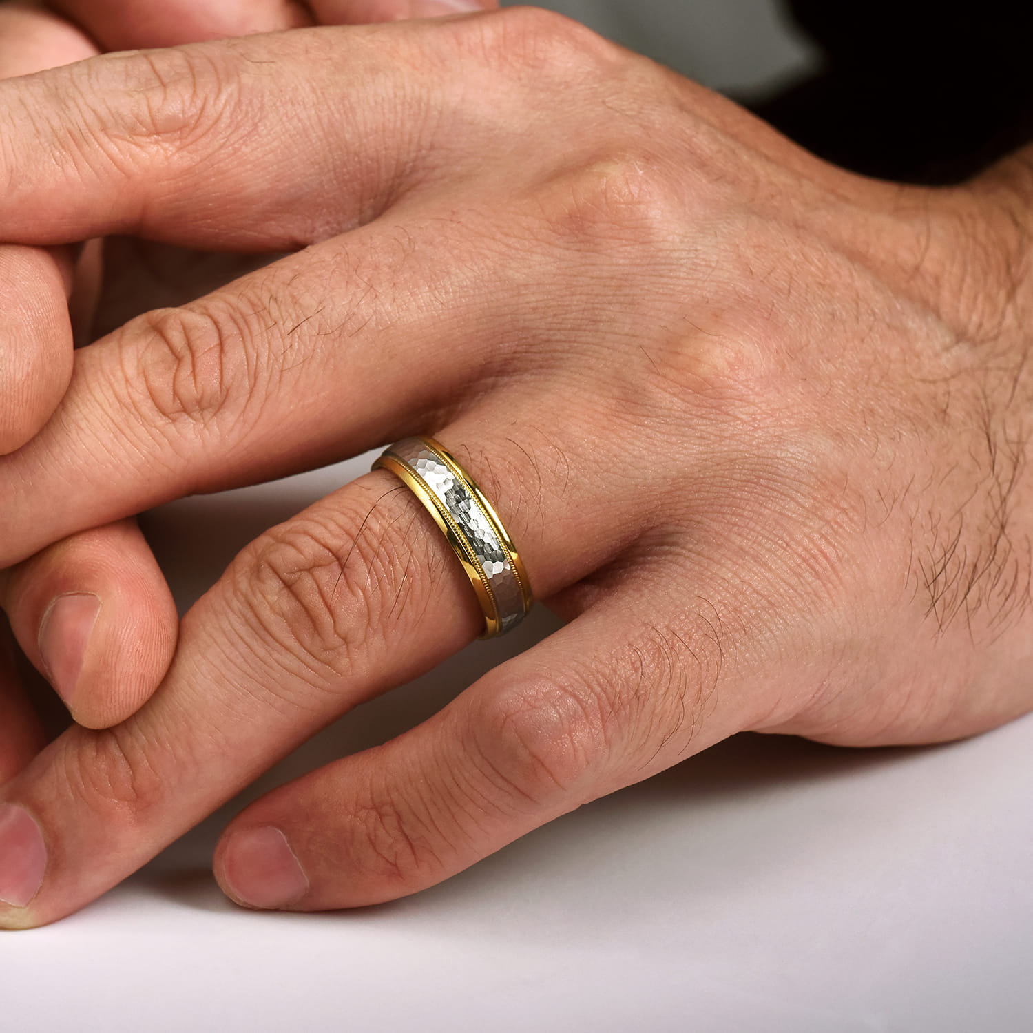 Archie - 14K White-Yellow Gold 6mm - Two Tone Hammered Men's Wedding Band with Milgrain Edge