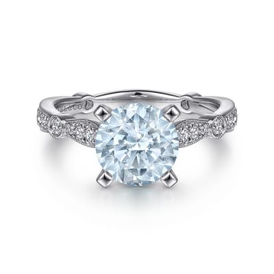 Aretha - 14K White Gold Straight Round Aquamarine and Diamond Engagement Ring