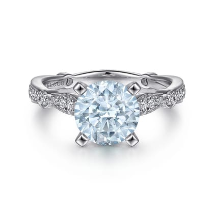 Aretha - 14K White Gold Straight Round Aquamarine and Diamond Engagement Ring