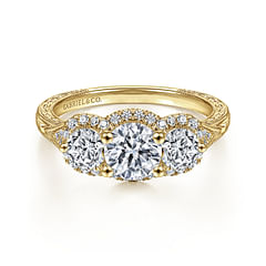 Ariette - Vintage Inspired 14K Yellow Gold Round Three Stone Halo Diamond Engagement Ring