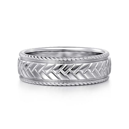 Asher - 14K White Gold 7mm - Chevron Design Men's Wedding Band