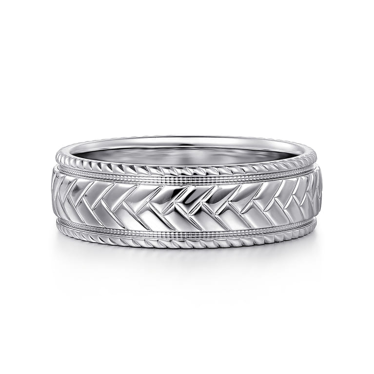 Asher - 14K White Gold 7mm - Chevron Design Men's Wedding Band - Shot 1