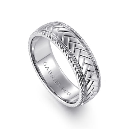 Asher - 14K White Gold 7mm - Chevron Design Men's Wedding Band