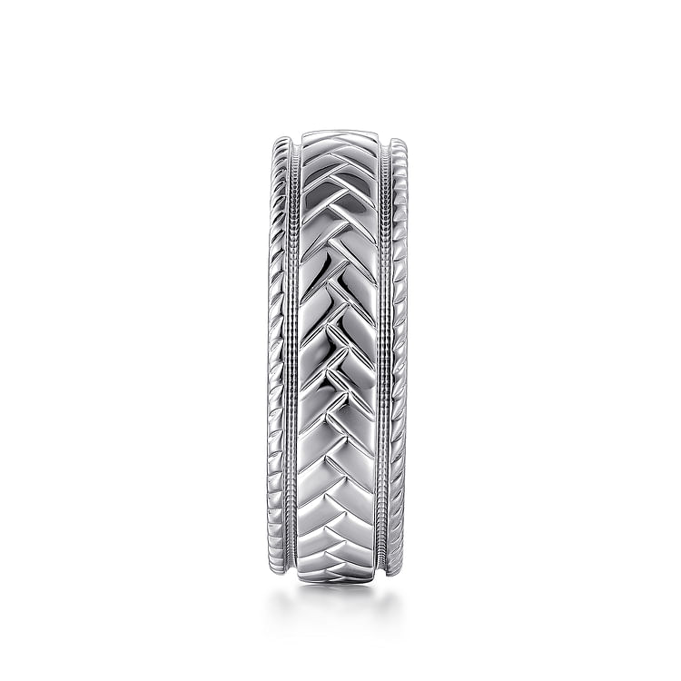 Asher - 14K White Gold 7mm - Chevron Design Men's Wedding Band