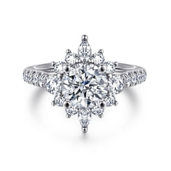 Unique 14K White Gold Round Halo Diamond Engagement Ring