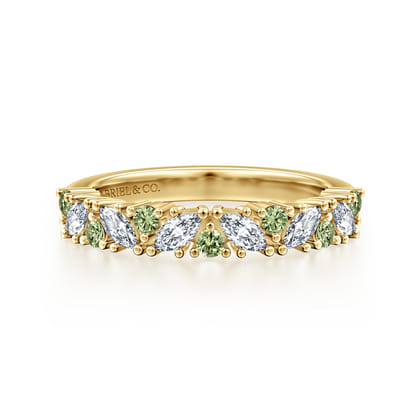 Astrielle - 14K Yellow Gold Prong Marquise and Round Green Sapphire and Diamond Anniversary Band