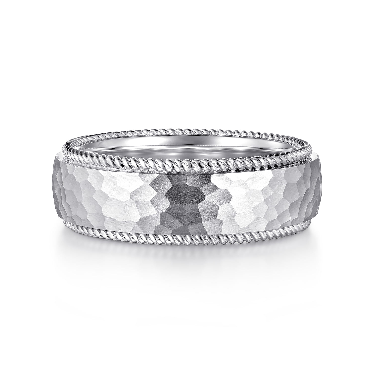 Atticus - 14K White Gold 8mm Mens Wedding Band in Hammer Finish - Shot 1