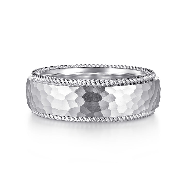 Atticus - 14K White Gold 8mm Mens Wedding Band in Hammer Finish - Shot 1