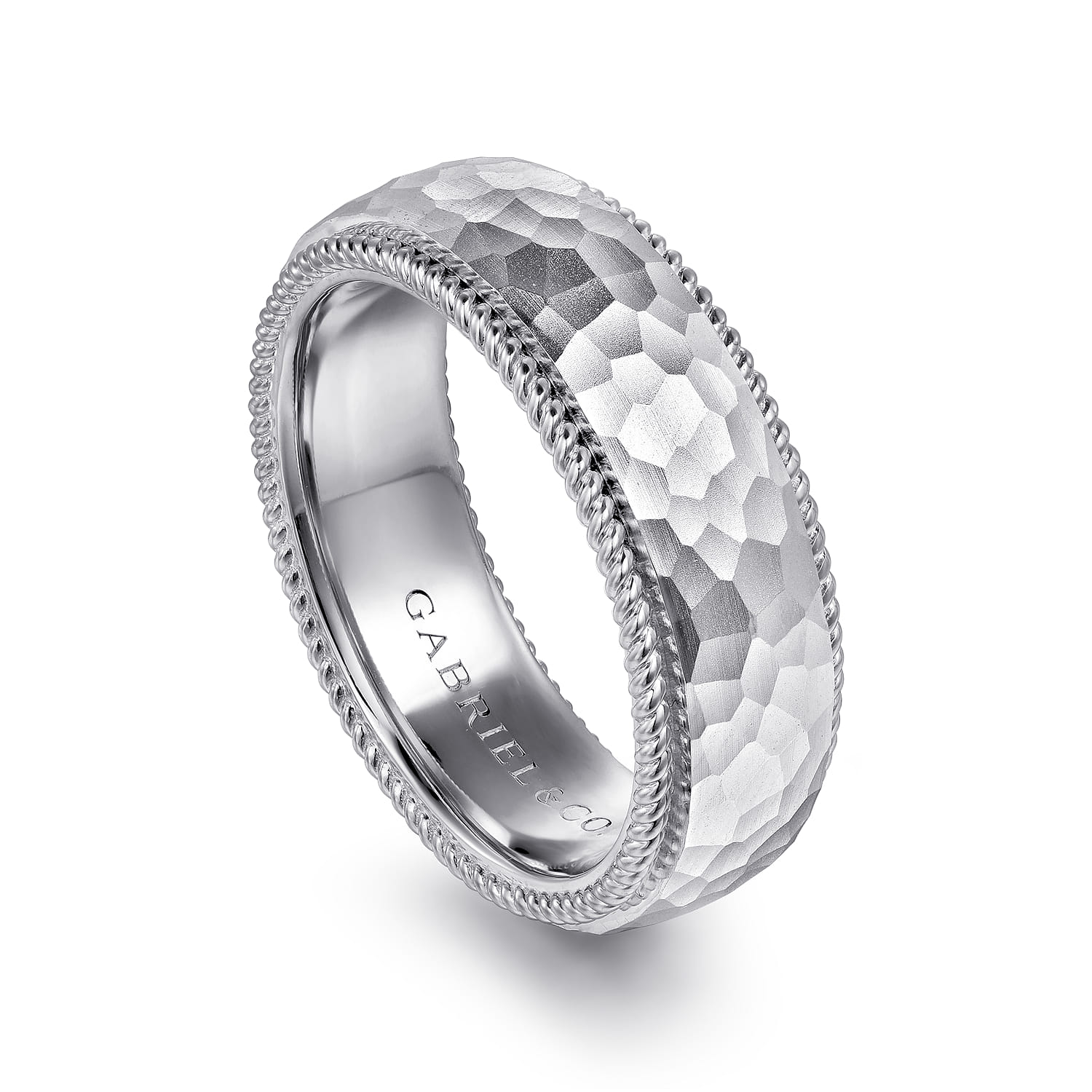 Atticus - 14K White Gold 8mm Mens Wedding Band in Hammer Finish - Shot 3