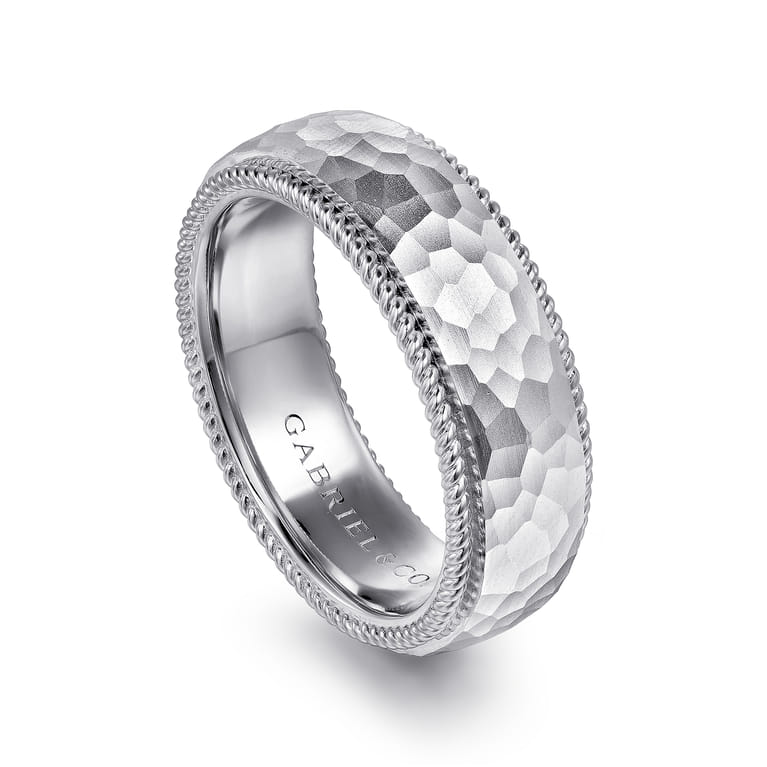 Atticus - 14K White Gold 8mm Mens Wedding Band in Hammer Finish - Shot 3