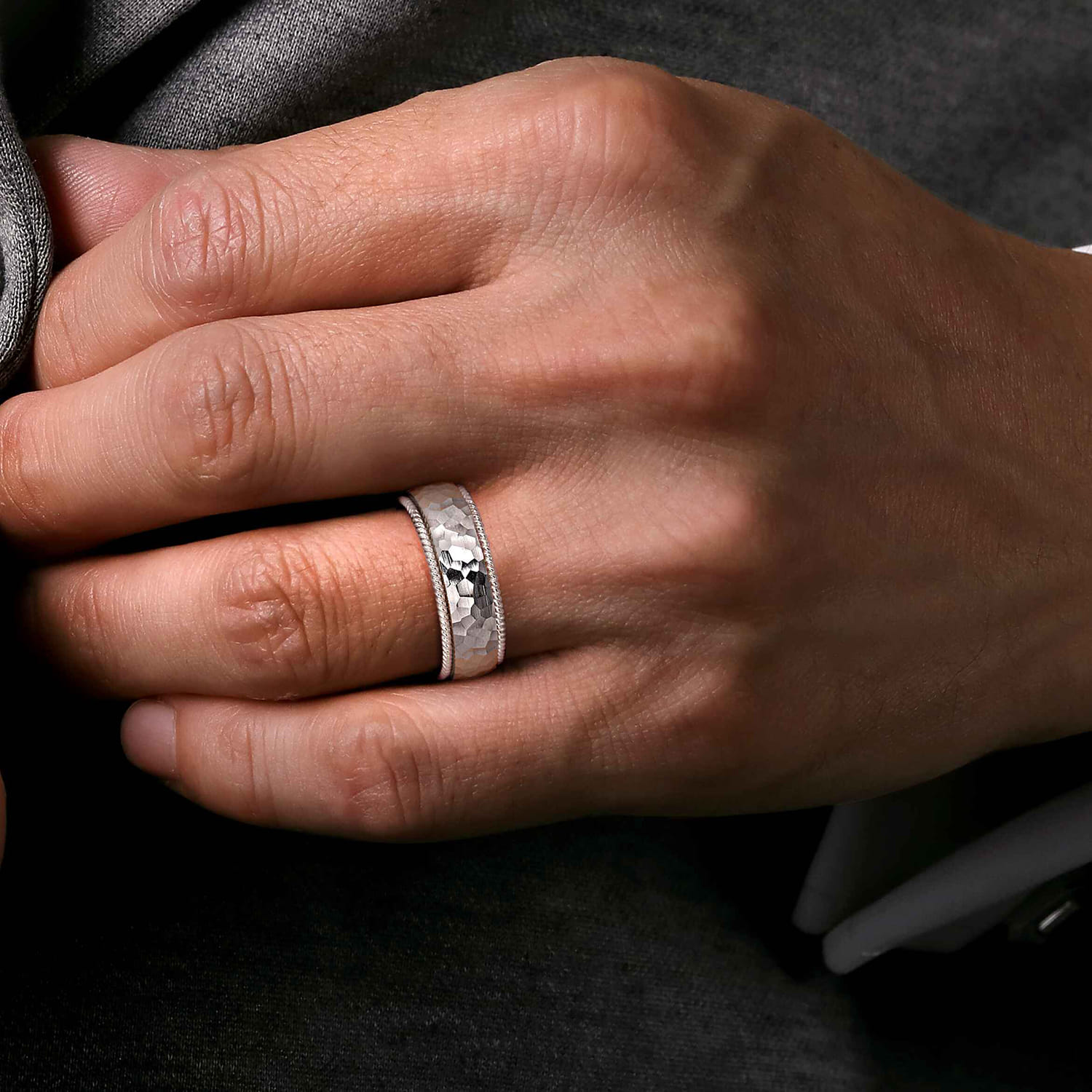 Atticus - 14K White Gold 8mm Mens Wedding Band in Hammer Finish - Shot 5