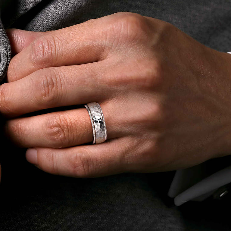 Atticus - 14K White Gold 8mm Mens Wedding Band in Hammer Finish - Shot 5
