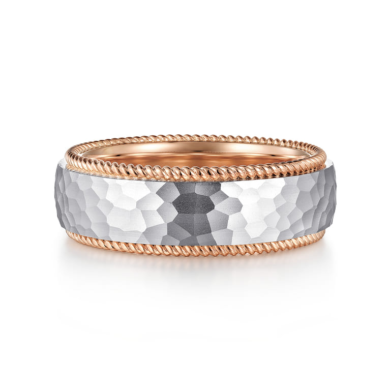 Atticus - 14K White-Rose Gold 8mm Mens Wedding Band in Hammer Finish - Shot 1