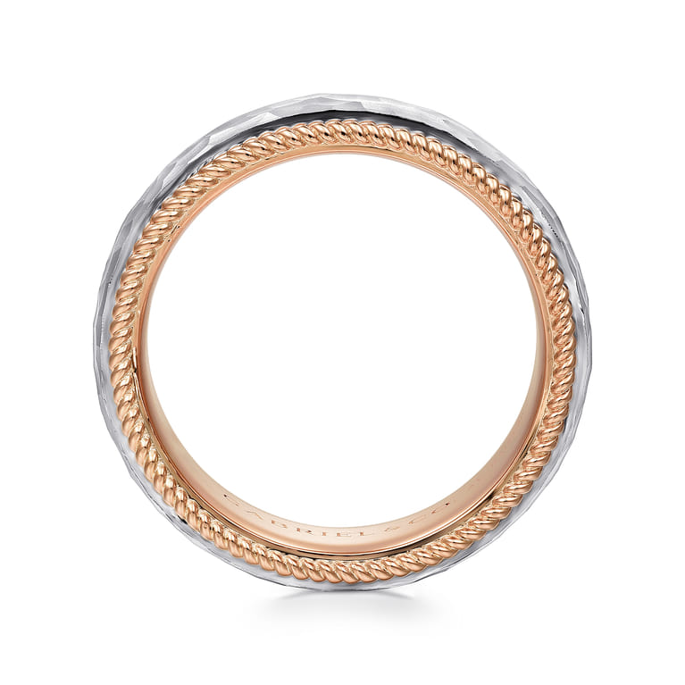 Atticus - 14K White-Rose Gold 8mm Mens Wedding Band in Hammer Finish - Shot 2