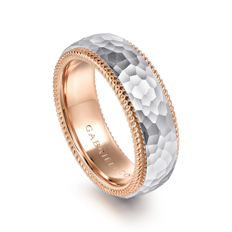 Atticus - 14K White-Rose Gold 8mm Mens Wedding Band in Hammer Finish - Shot 3
