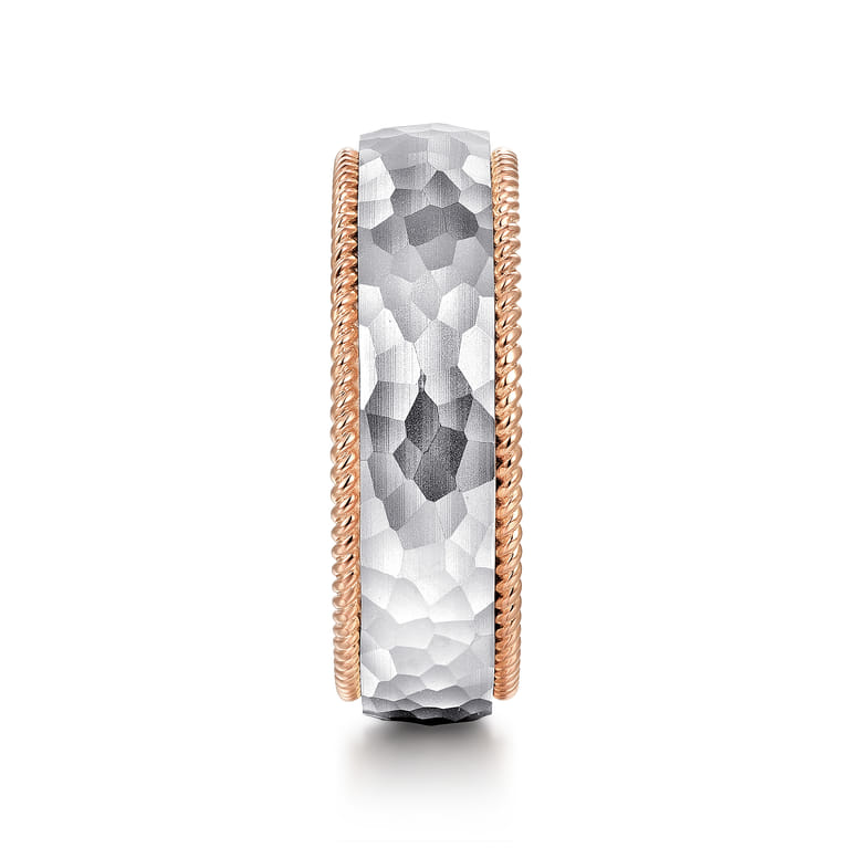 Atticus - 14K White-Rose Gold 8mm Mens Wedding Band in Hammer Finish - Shot 4