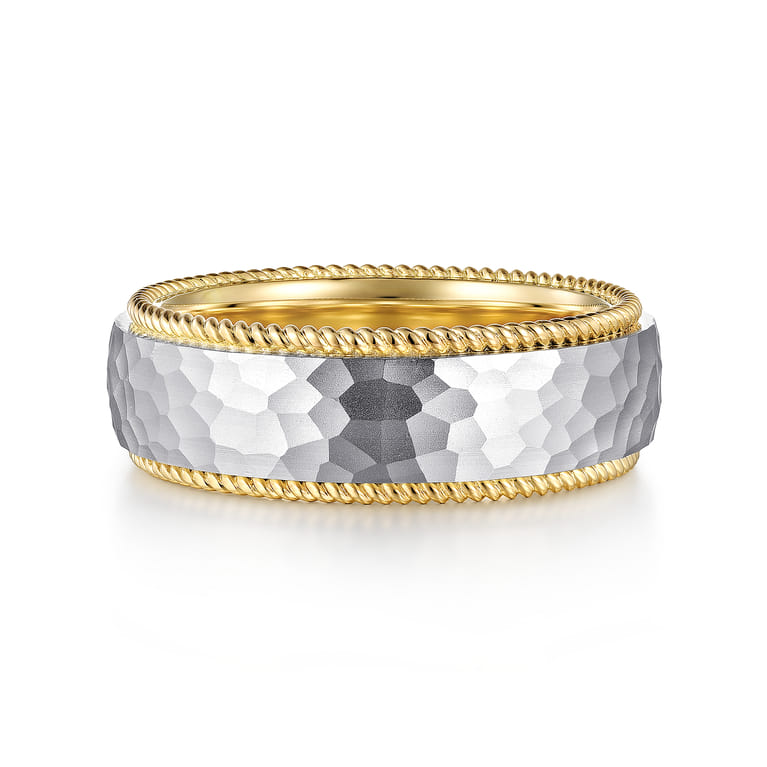 Atticus - 14K White-Yellow Gold 8mm - Two Tone Men's Wedding Band in Hammered Finish - Shot 1
