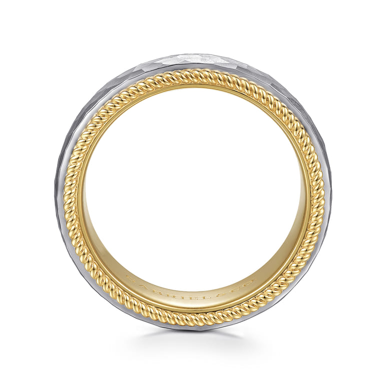 Atticus - 14K White-Yellow Gold 8mm - Two Tone Men's Wedding Band in Hammered Finish - Shot 2