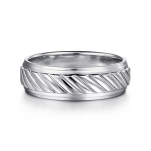 August - 14K White Gold 7mm - Rope Center and Polished Edge Men's Wedding Band in High Polished Finish