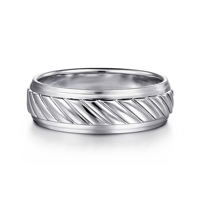 August - 14K White Gold 7mm - Rope Center and Polished Edge Men's Wedding Band in High Polished Finish