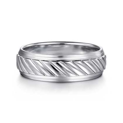 August - 14K White Gold 7mm - Rope Center and Polished Edge Men's Wedding Band in High Polished Finish