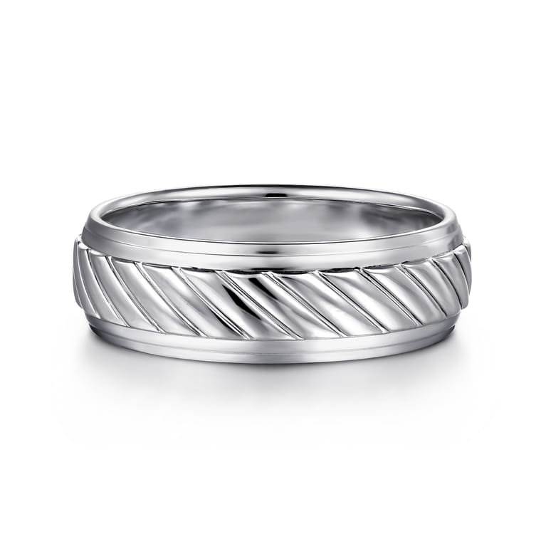 August - 14K White Gold 7mm - Rope Center and Polished Edge Men's Wedding Band in High Polished Finish - Shot 1