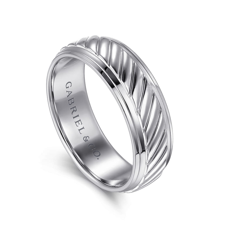 August - 14K White Gold 7mm - Rope Center and Polished Edge Men's Wedding Band in High Polished Finish - Shot 3