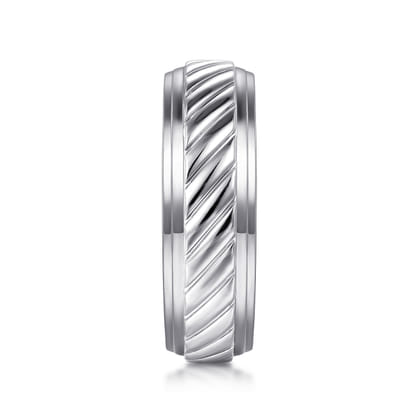 August - 14K White Gold 7mm - Rope Center and Polished Edge Men's Wedding Band in High Polished Finish