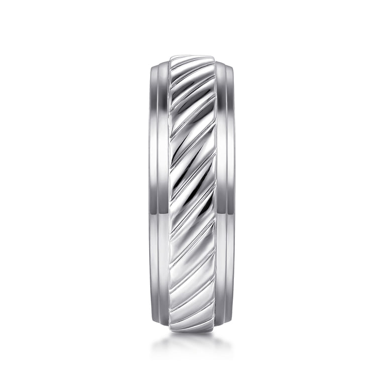 August - 14K White Gold 7mm - Rope Center and Polished Edge Men's Wedding Band in High Polished Finish - Shot 4