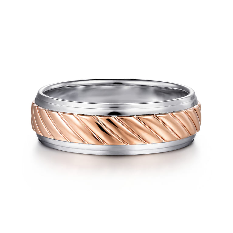 August - 14K White-Rose Gold 7mm - Two Tone Carved Men's Wedding Band - Shot 1