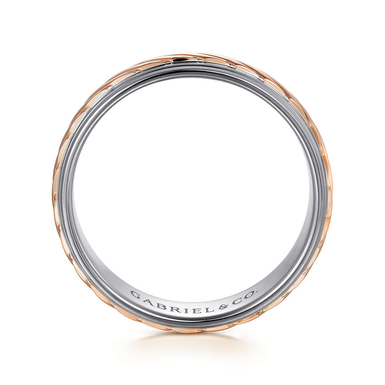 August - 14K White-Rose Gold 7mm - Two Tone Carved Men's Wedding Band - Shot 2