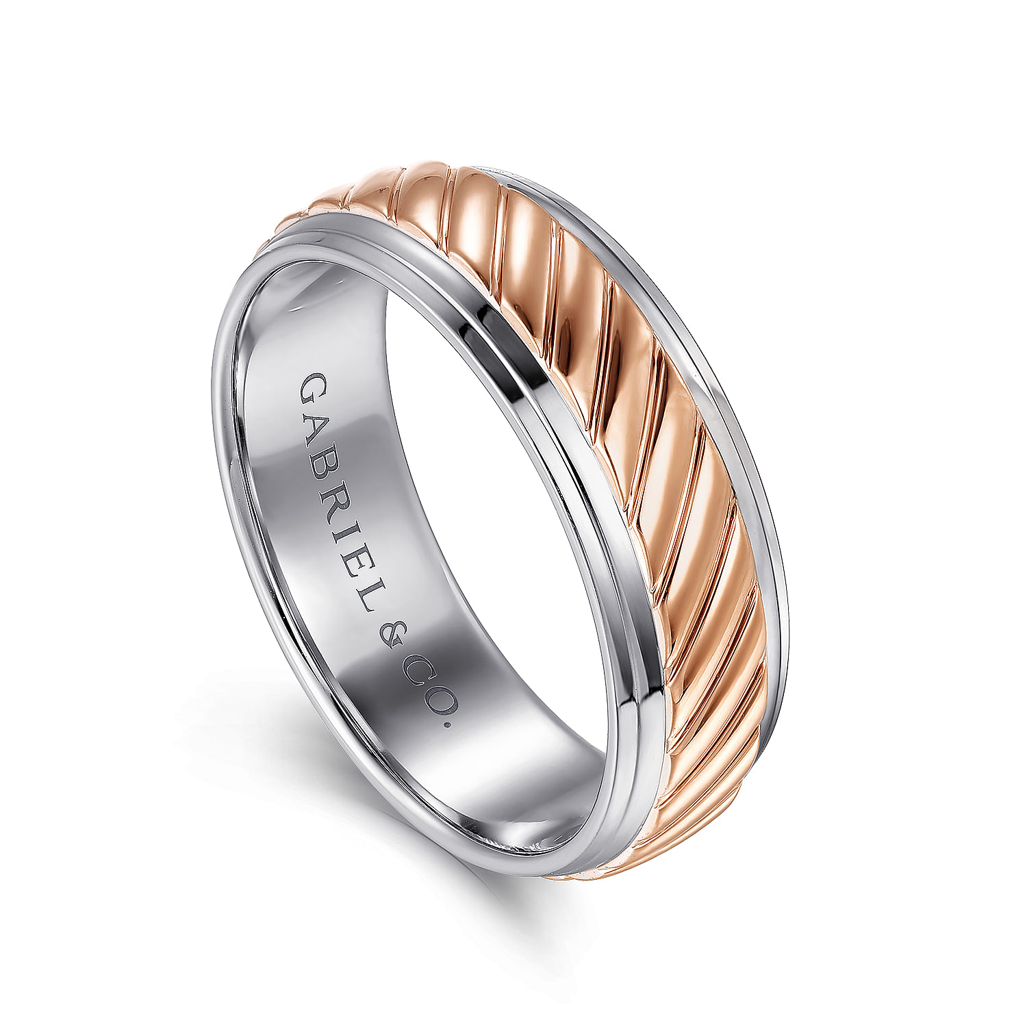 August - 14K White-Rose Gold 7mm - Two Tone Carved Men's Wedding Band - Shot 3