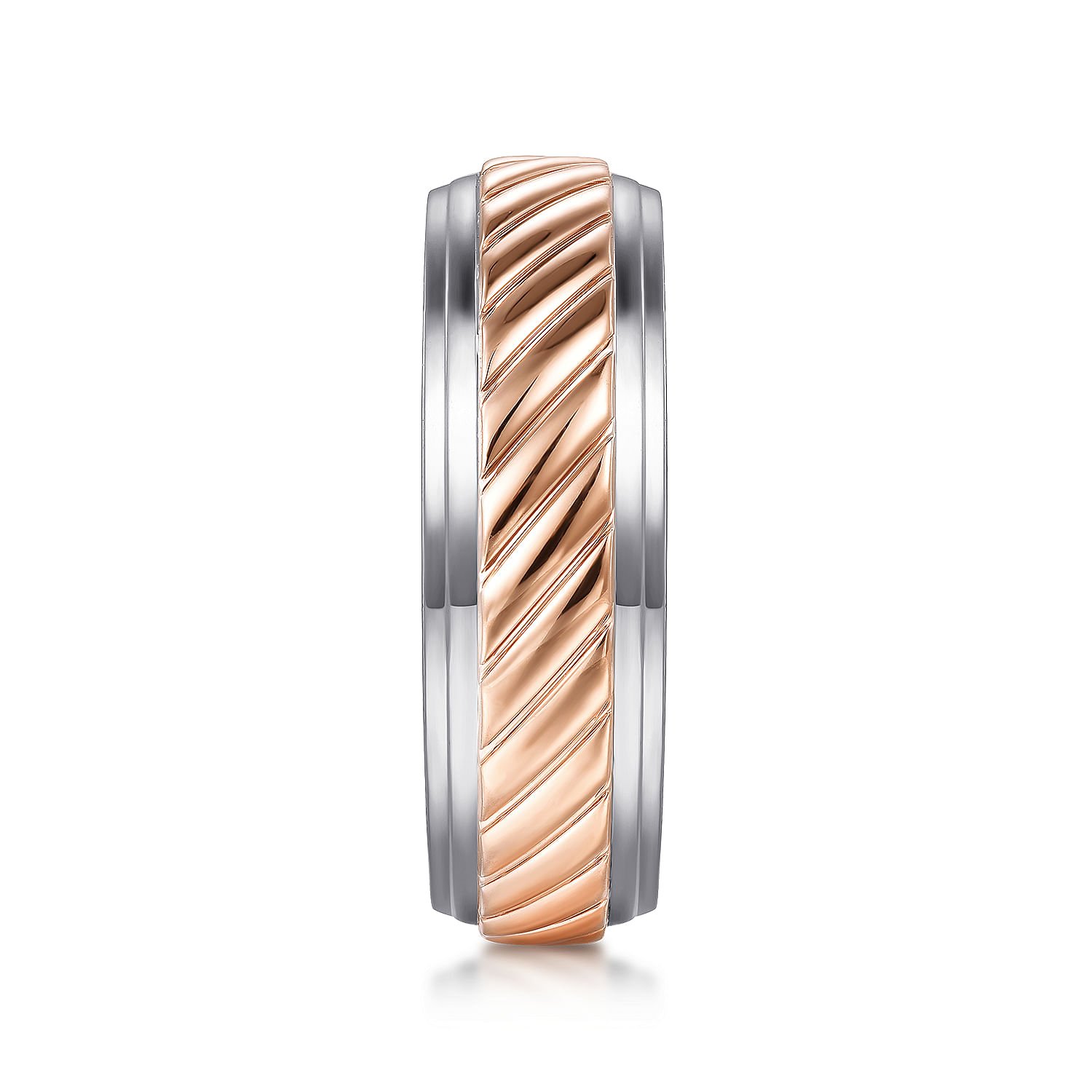 August - 14K White-Rose Gold 7mm - Two Tone Carved Men's Wedding Band - Shot 4