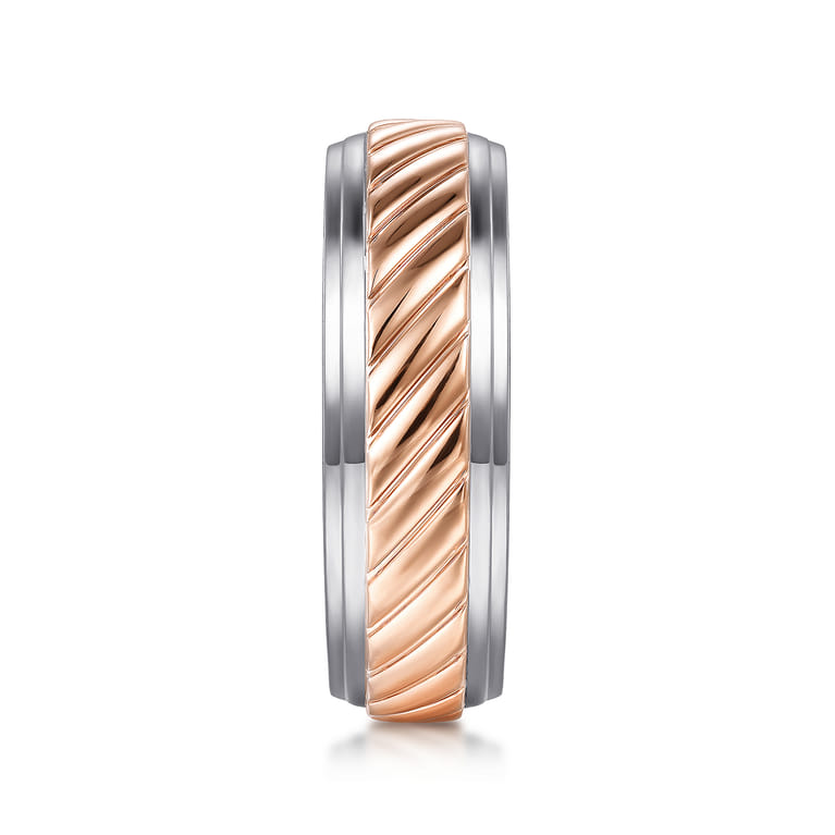 August - 14K White-Rose Gold 7mm - Two Tone Carved Men's Wedding Band - Shot 4