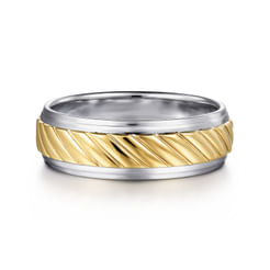 14K White-Yellow Gold 7mm - Rope Center and Polished Edge Men's Wedding Band in High Polished Finish