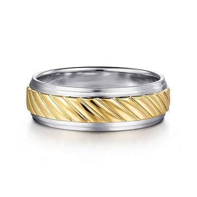 August - 14K White-Yellow Gold 7mm - Rope Center and Polished Edge Men's Wedding Band in High Polished Finish