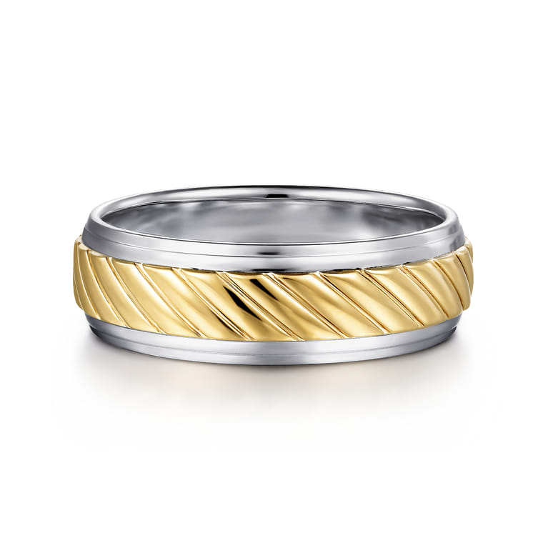 August - 14K White-Yellow Gold 7mm - Rope Center and Polished Edge Men's Wedding Band in High Polished Finish - Shot 1