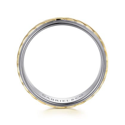 August - 14K White-Yellow Gold 7mm - Rope Center and Polished Edge Men's Wedding Band in High Polished Finish