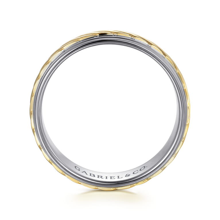 August - 14K White-Yellow Gold 7mm - Rope Center and Polished Edge Men's Wedding Band in High Polished Finish - Shot 2