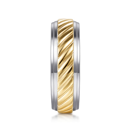 August - 14K White-Yellow Gold 7mm - Rope Center and Polished Edge Men's Wedding Band in High Polished Finish