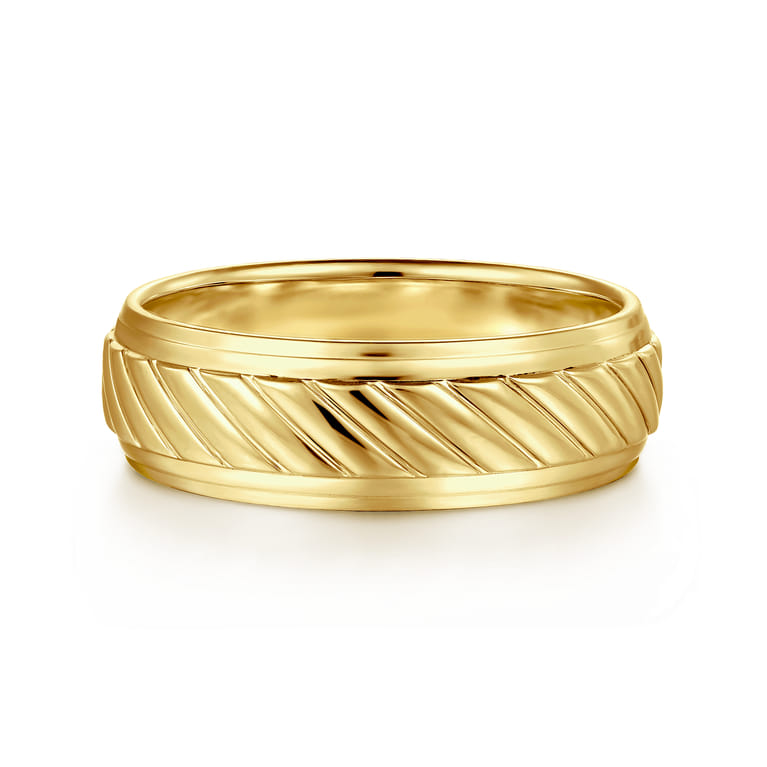 August - 14K Yellow Gold 7mm - Rope Center and Polished Edge Men's Wedding Band in High Polished Finish - Shot 1