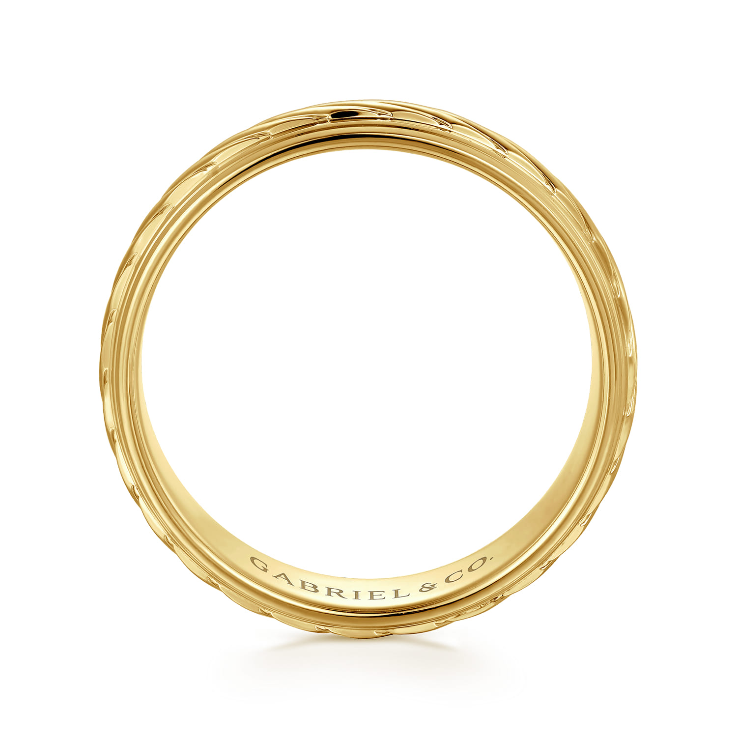 August - 14K Yellow Gold 7mm - Rope Center and Polished Edge Men's Wedding Band in High Polished Finish - Shot 2