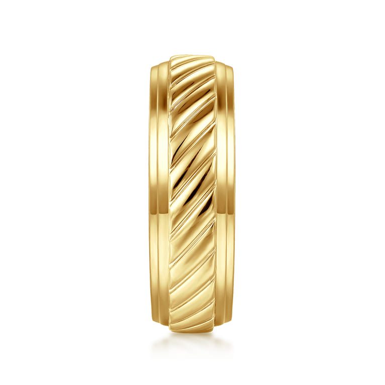August - 14K Yellow Gold 7mm - Rope Center and Polished Edge Men's Wedding Band in High Polished Finish - Shot 4