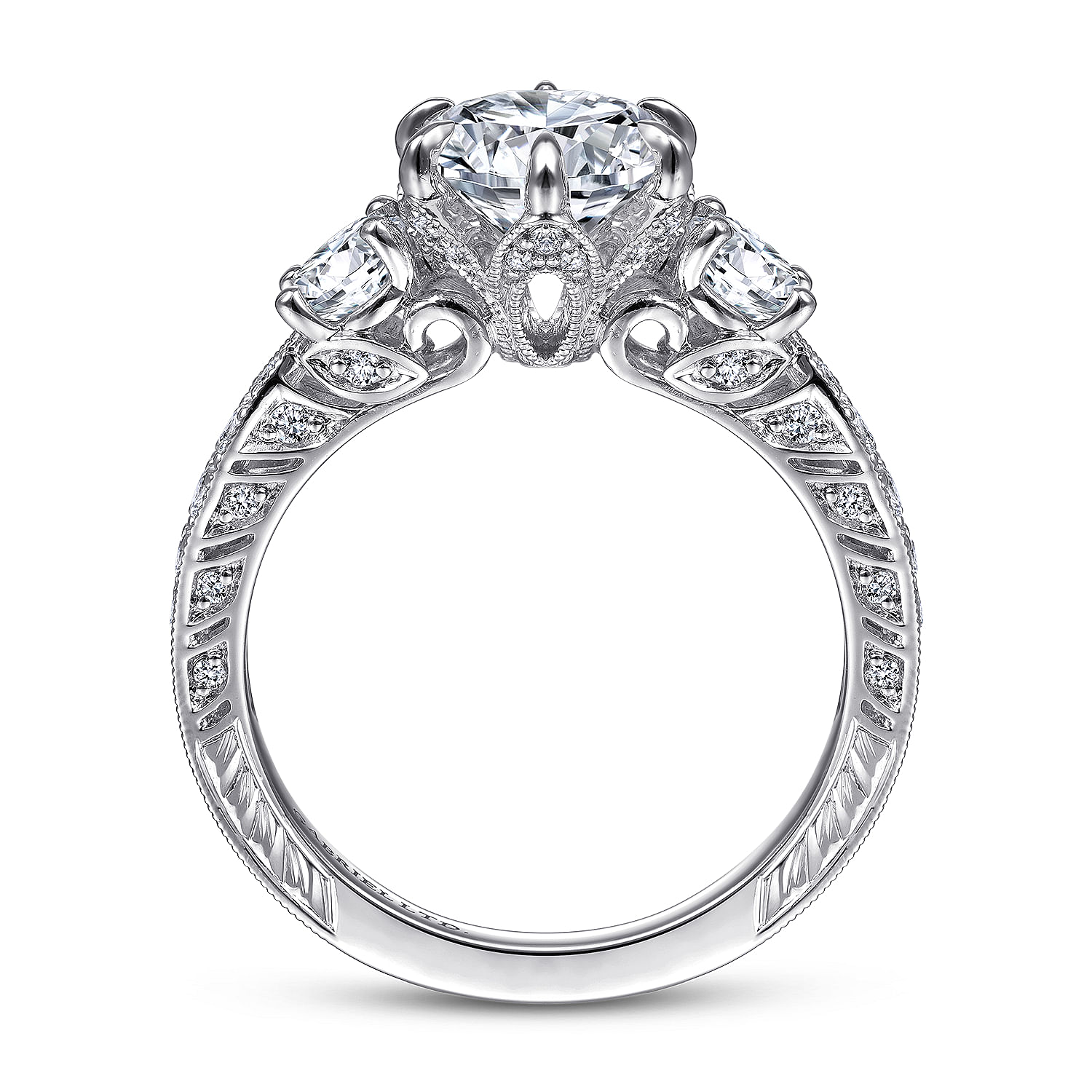 Aurna - Vintage Inspired 18K White Gold Round Three Stone Diamond Engagement Ring