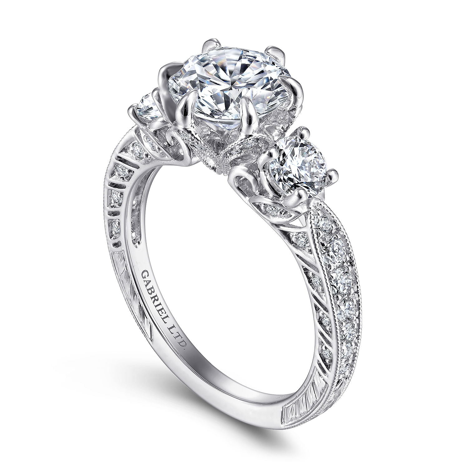 Aurna - Vintage Inspired 18K White Gold Round Three Stone Diamond Engagement Ring