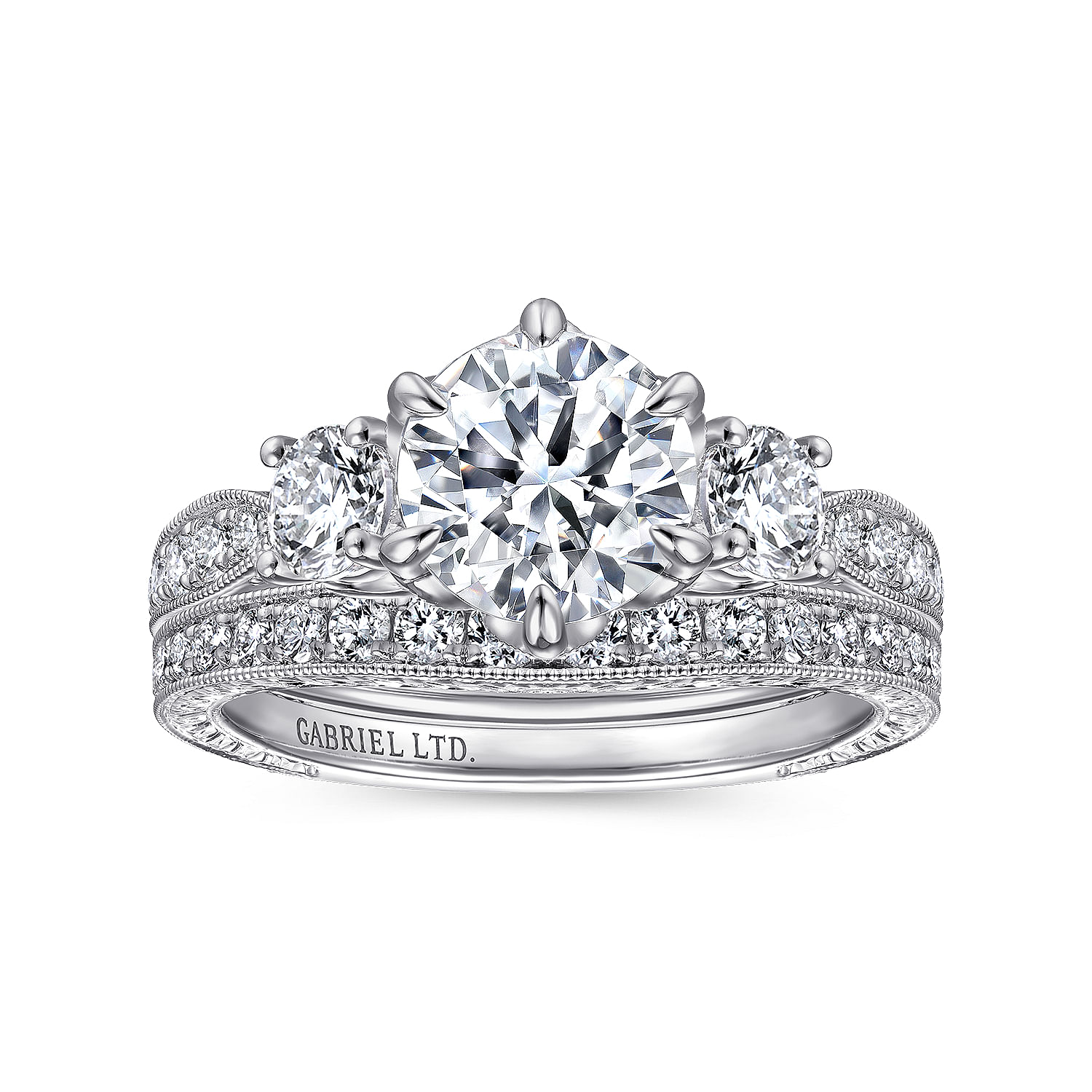 Aurna - Vintage Inspired 18K White Gold Round Three Stone Diamond Engagement Ring