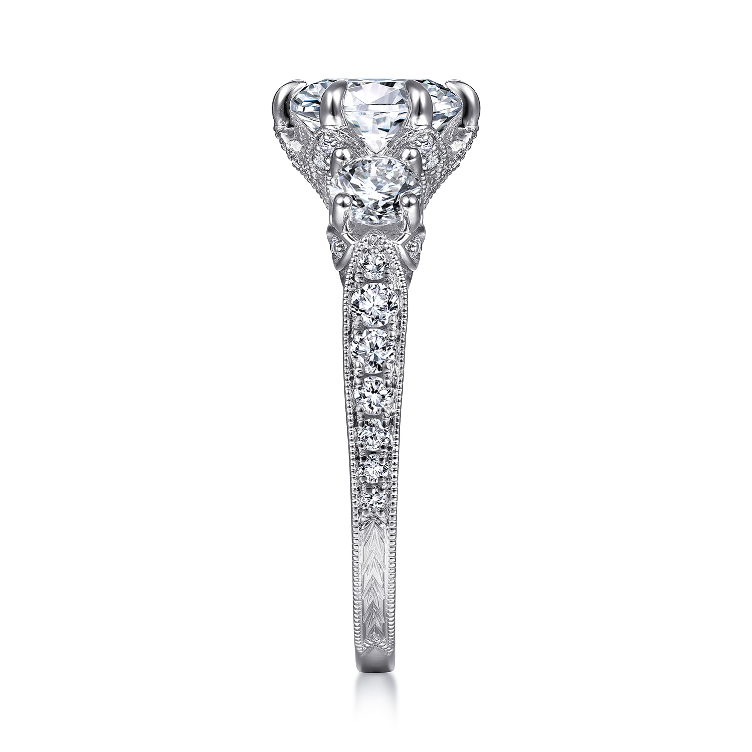Aurna - Vintage Inspired 18K White Gold Round Three Stone Diamond Engagement Ring