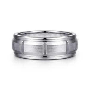 Austin - 14K White Gold 8mm - Carved Station Men's Wedding Band in Satin Finish