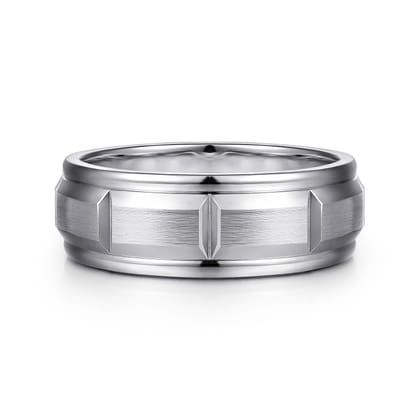 Austin - 14K White Gold 8mm - Carved Station Men's Wedding Band in Satin Finish